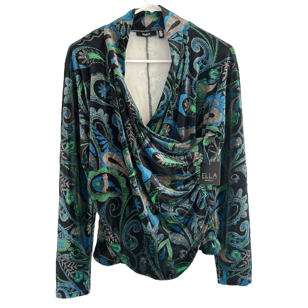 Ella Rafaella Blue Green Draped Velvet Long Sleeve Blouse| Size LP